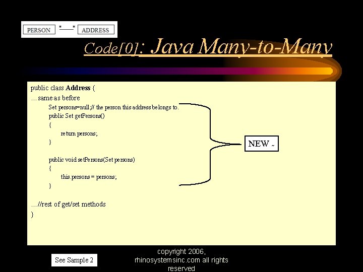 Code[0]: Java Many-to-Many public class Address { …same as before Set persons=null; // the