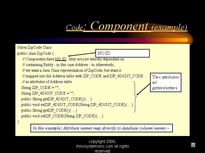 Code: Component (example) //Java Zip. Code Class public class Zip. Code { NO ID