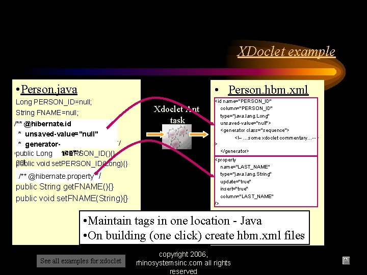 XDoclet example • Person. java • Person. hbm. xml Long PERSON_ID=null; String FNAME=null; /**