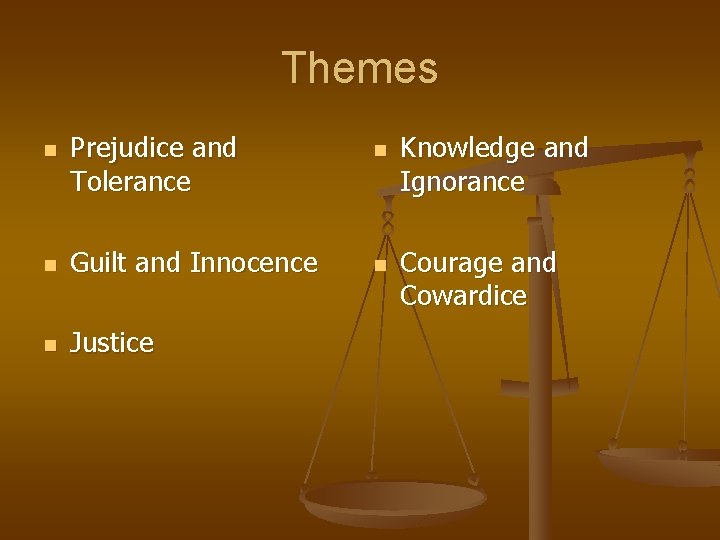 Themes n Prejudice and Tolerance n Guilt and Innocence n Justice n n Knowledge