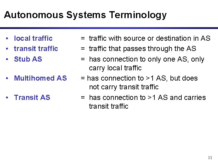Autonomous Systems Terminology • local traffic • transit traffic • Stub AS • Multihomed