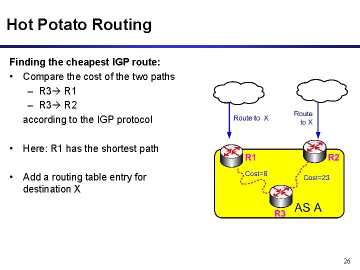 Hot Potato Routing Finding the cheapest IGP route: • Compare the cost of the