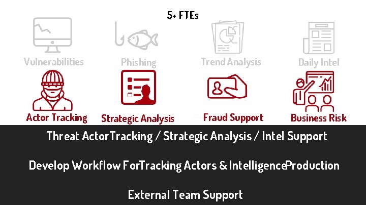 5+ FTEs Vulnerabilities Phishing Trend Analysis Daily Intel Actor Tracking Strategic Analysis Fraud Support