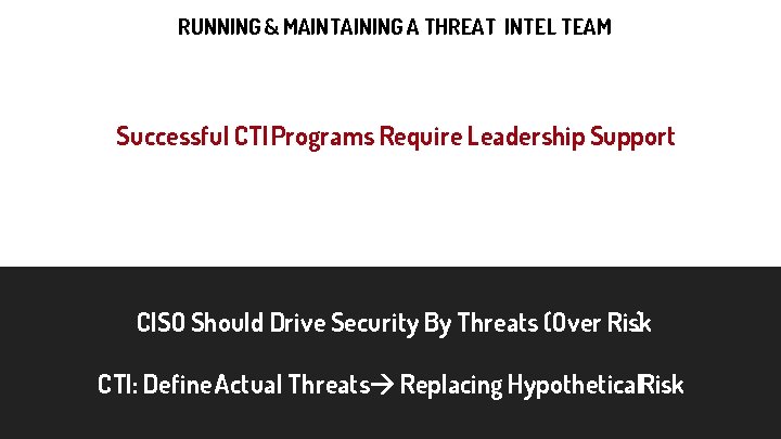 RUNNING & MAINTAINING A THREAT INTEL TEAM Successful CTI Programs Require Leadership Support CISO