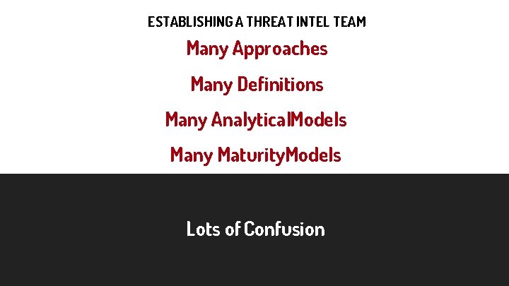 ESTABLISHING A THREAT INTEL TEAM Many Approaches Many Definitions Many Analytical. Models Many Maturity.