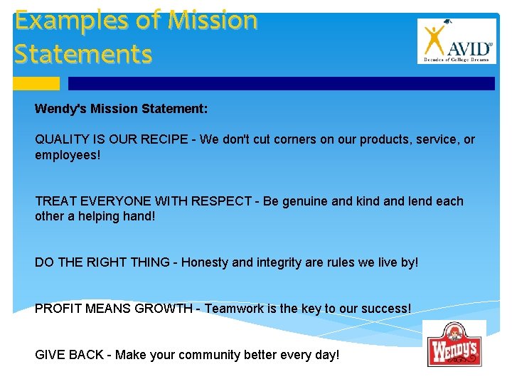Examples of Mission Statements Wendy's Mission Statement: QUALITY IS OUR RECIPE - We don't
