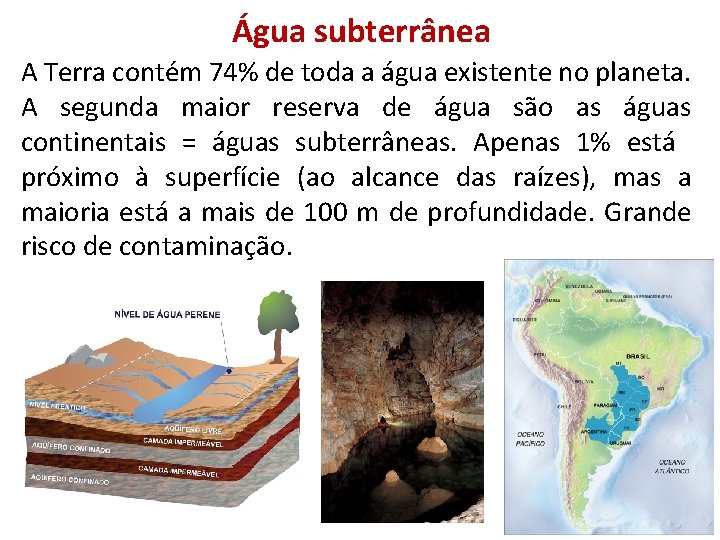 Água subterrânea A Terra contém 74% de toda a água existente no planeta. A