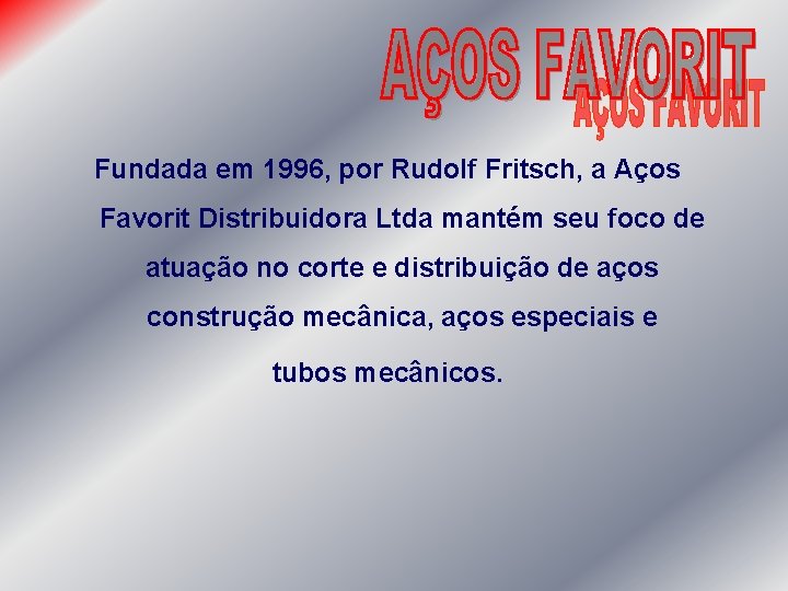 Fundada em 1996, por Rudolf Fritsch, a Aços Favorit Distribuidora Ltda mantém seu foco