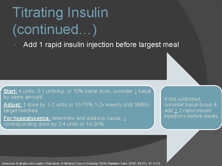 Titrating Insulin (continued…) Add 1 rapid insulin injection before largest meal Start: 4 units,