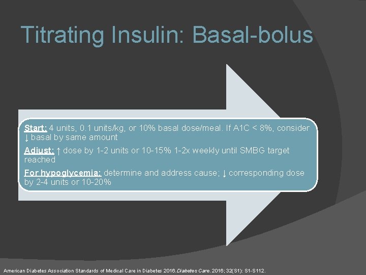 Titrating Insulin: Basal-bolus Start: 4 units, 0. 1 units/kg, or 10% basal dose/meal. If