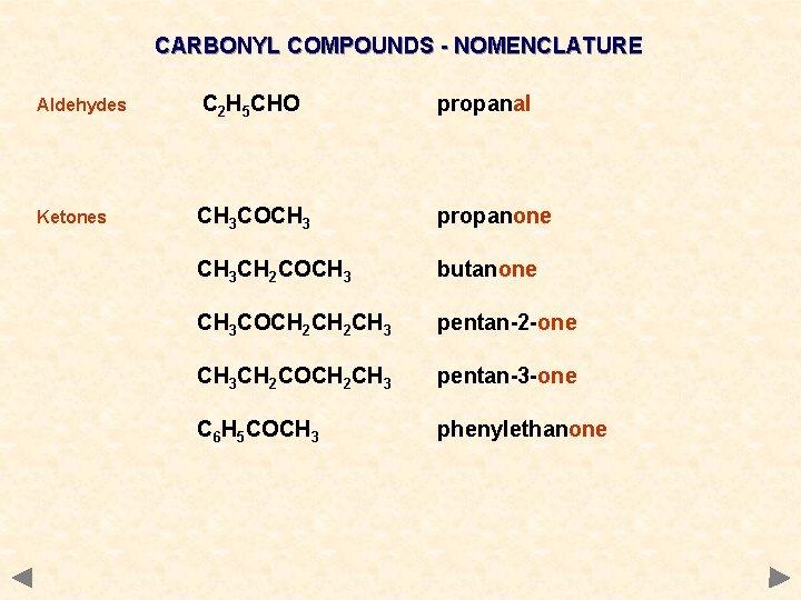 CARBONYL COMPOUNDS - NOMENCLATURE Aldehydes C 2 H 5 CHO propanal Ketones CH 3