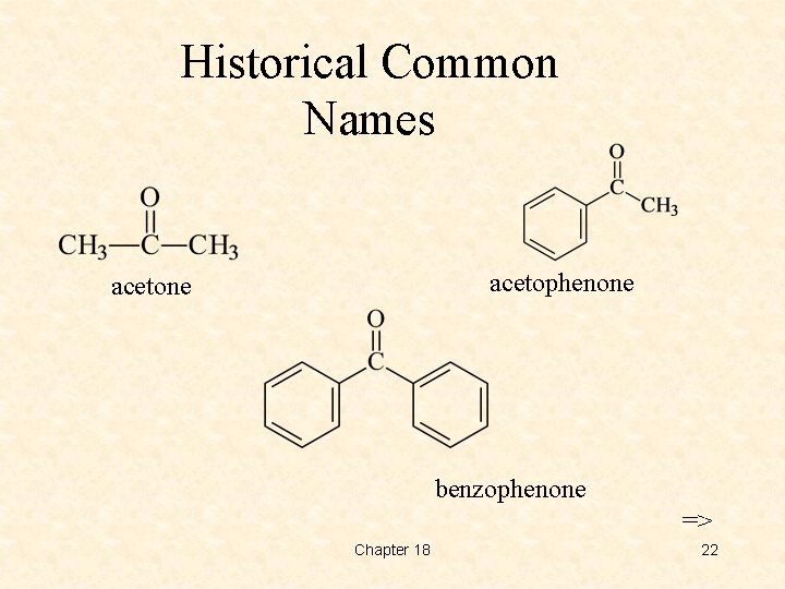 Historical Common Names acetophenone acetone benzophenone => Chapter 18 22 