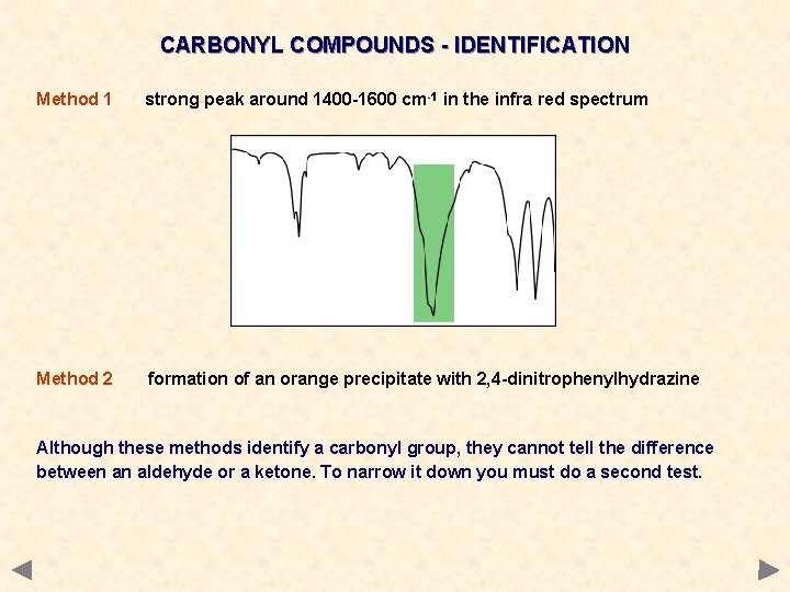 CARBONYL COMPOUNDS - IDENTIFICATION Method 1 strong peak around 1400 -1600 cm-1 in the