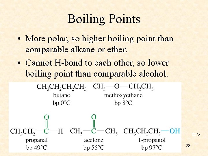 Boiling Points • More polar, so higher boiling point than comparable alkane or ether.