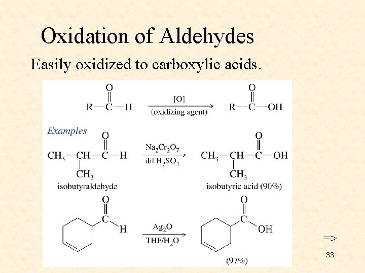 Oxidation of Aldehydes Easily oxidized to carboxylic acids. => Chapter 18 33 