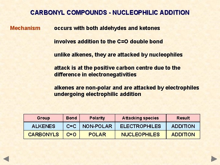 CARBONYL COMPOUNDS - NUCLEOPHILIC ADDITION Mechanism occurs with both aldehydes and ketones involves addition