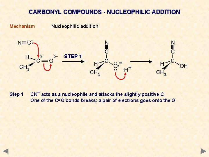 CARBONYL COMPOUNDS - NUCLEOPHILIC ADDITION Mechanism Nucleophilic addition STEP 1 Step 1 CN¯ acts