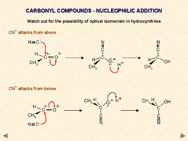 CARBONYL COMPOUNDS - NUCLEOPHILIC ADDITION Watch out for the possibility of optical isomerism in