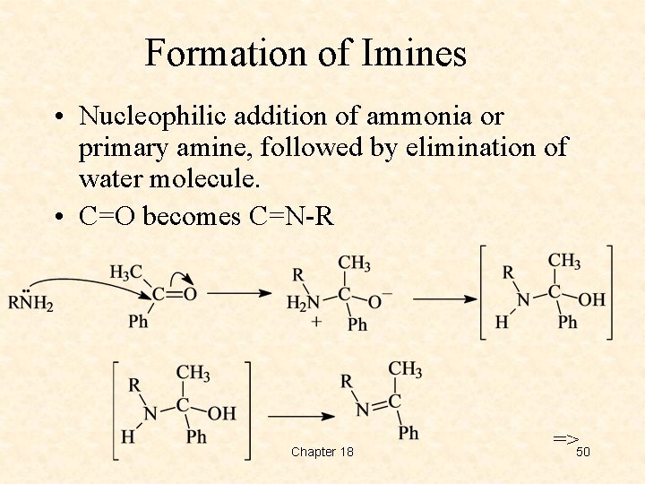 Formation of Imines • Nucleophilic addition of ammonia or primary amine, followed by elimination