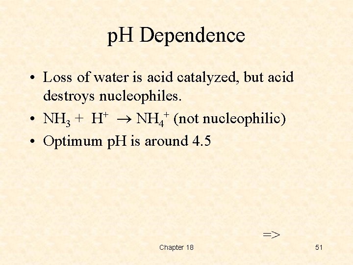 p. H Dependence • Loss of water is acid catalyzed, but acid destroys nucleophiles.