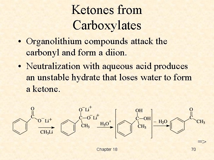 Ketones from Carboxylates • Organolithium compounds attack the carbonyl and form a diion. •