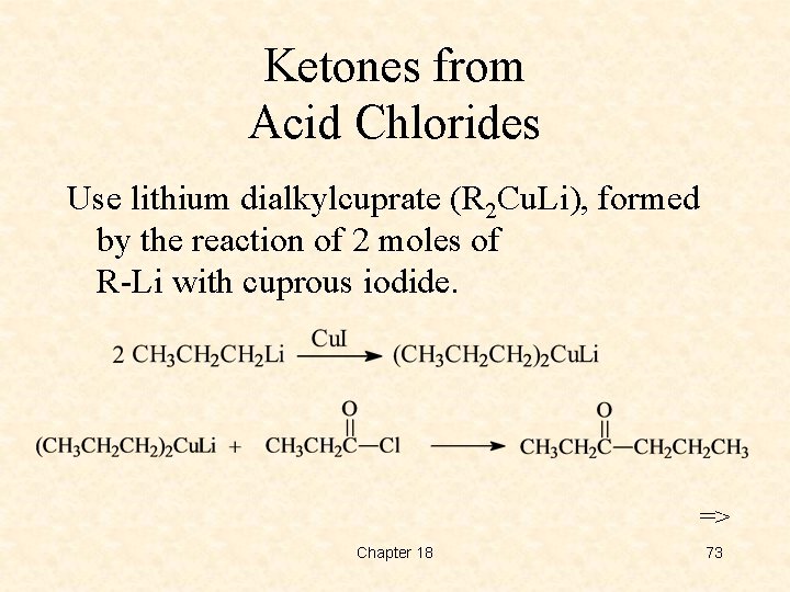 Ketones from Acid Chlorides Use lithium dialkylcuprate (R 2 Cu. Li), formed by the