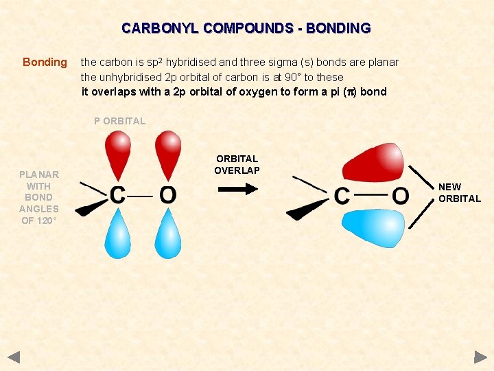 CARBONYL COMPOUNDS - BONDING Bonding the carbon is sp 2 hybridised and three sigma