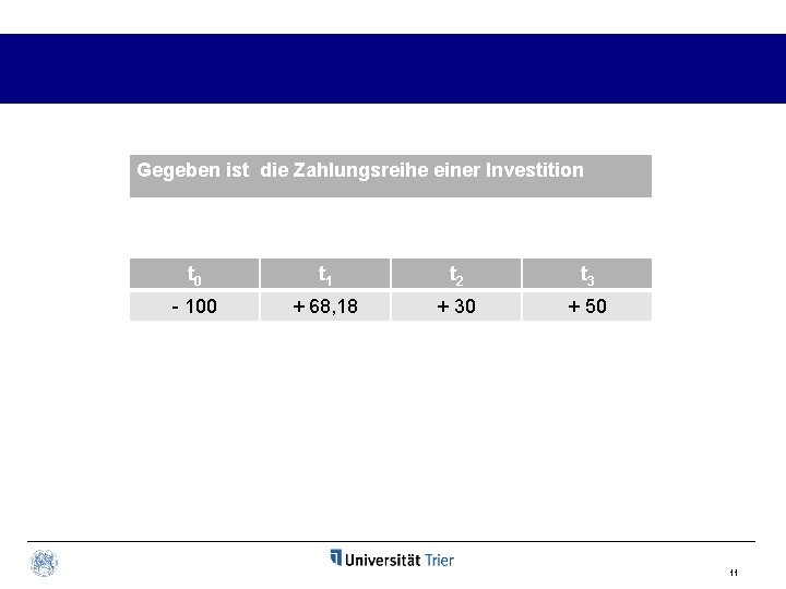 Gegeben ist die Zahlungsreihe einer Investition t 0 t 1 t 2 t 3