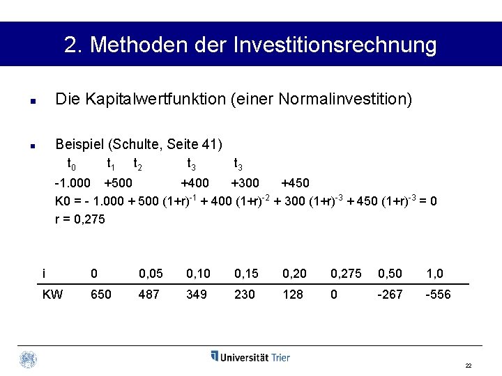 2. Methoden der Investitionsrechnung n Die Kapitalwertfunktion (einer Normalinvestition) n Beispiel (Schulte, Seite 41)