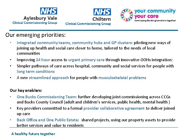 Our emerging priorities: • • Integrated community teams, community hubs and GP clusters: piloting