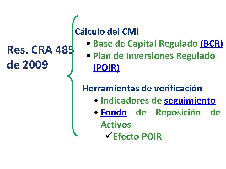 Cálculo del CMI • Base de Capital Regulado (BCR) Res. CRA 485 • Plan