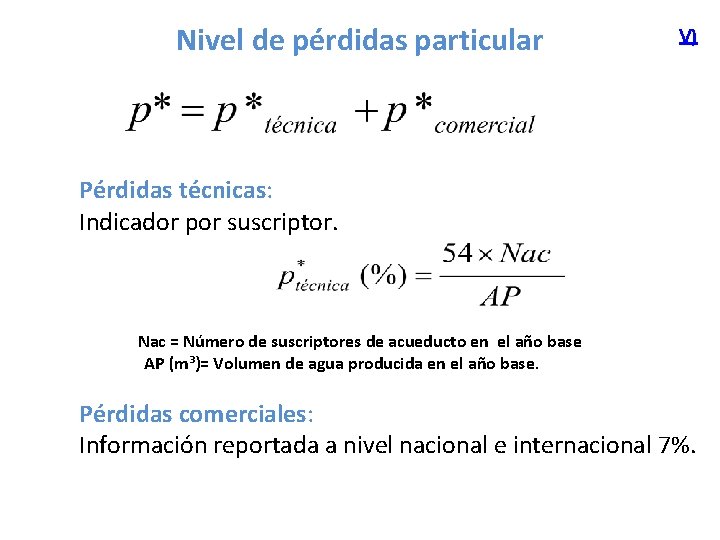 Nivel de pérdidas particular V) Pérdidas técnicas: Indicador por suscriptor. Nac = Número de