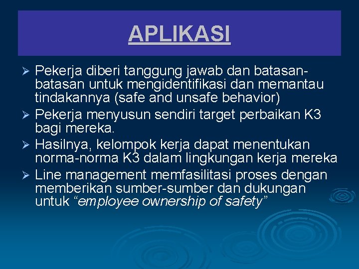 APLIKASI Pekerja diberi tanggung jawab dan batasan untuk mengidentifikasi dan memantau tindakannya (safe and