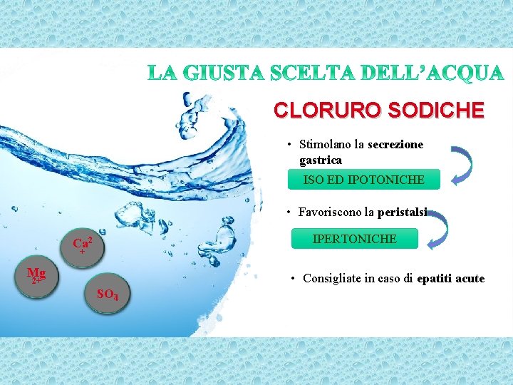 CLORURO SODICHE • Stimolano la secrezione gastrica ISO ED IPOTONICHE • Favoriscono la peristalsi