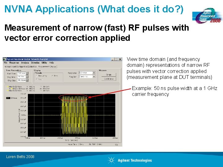 NVNA Applications (What does it do? ) Measurement of narrow (fast) RF pulses with