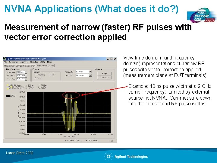 NVNA Applications (What does it do? ) Measurement of narrow (faster) RF pulses with