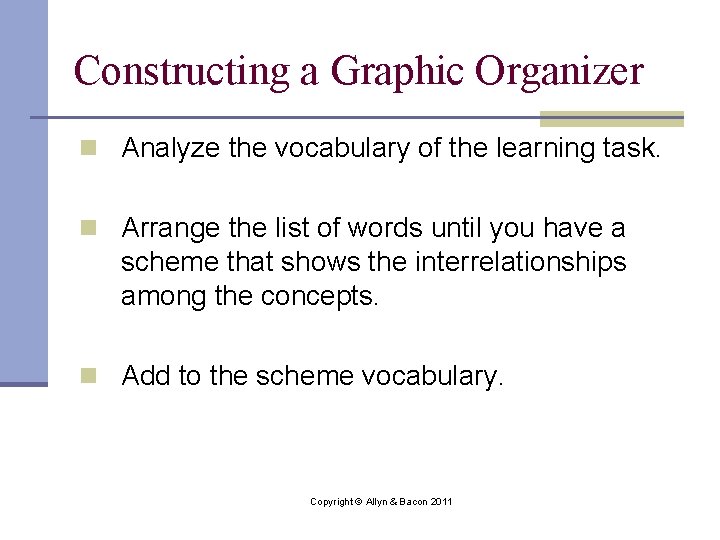 Constructing a Graphic Organizer n Analyze the vocabulary of the learning task. n Arrange