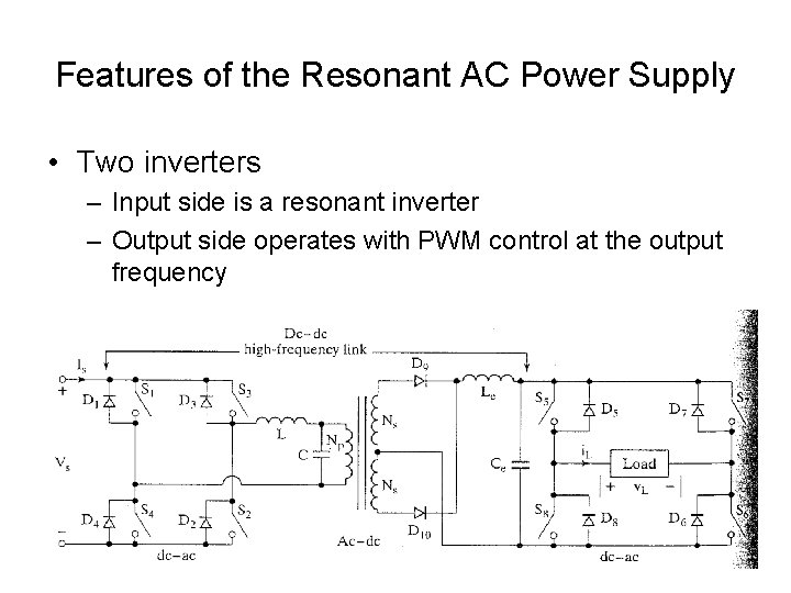 Features of the Resonant AC Power Supply • Two inverters – Input side is