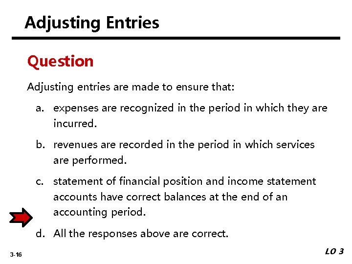 Adjusting Entries Question Adjusting entries are made to ensure that: a. expenses are recognized