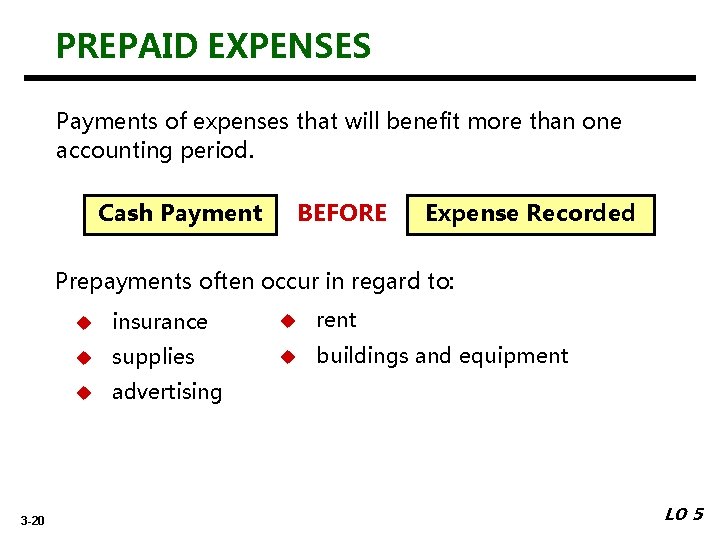 PREPAID EXPENSES Payments of expenses that will benefit more than one accounting period. Cash