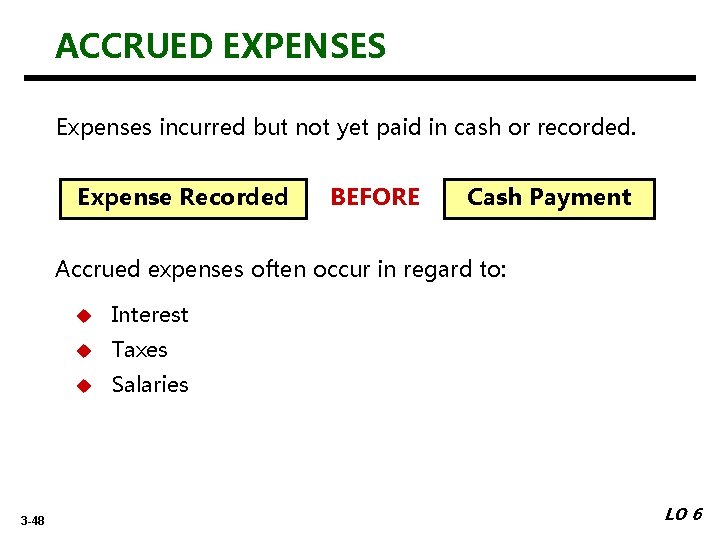 ACCRUED EXPENSES Expenses incurred but not yet paid in cash or recorded. Expense Recorded