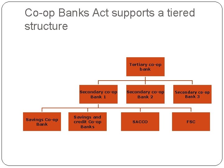 Co-op Banks Act supports a tiered structure Tertiary co-op bank Secondary co-op Bank 1