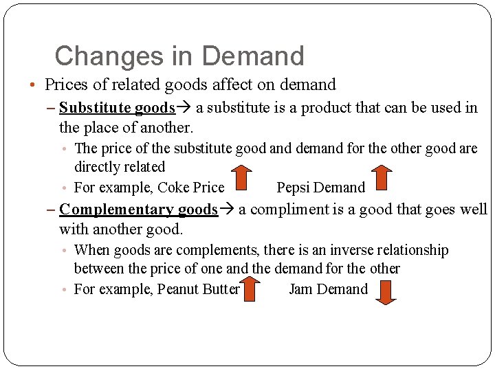 Changes in Demand • Prices of related goods affect on demand – Substitute goods