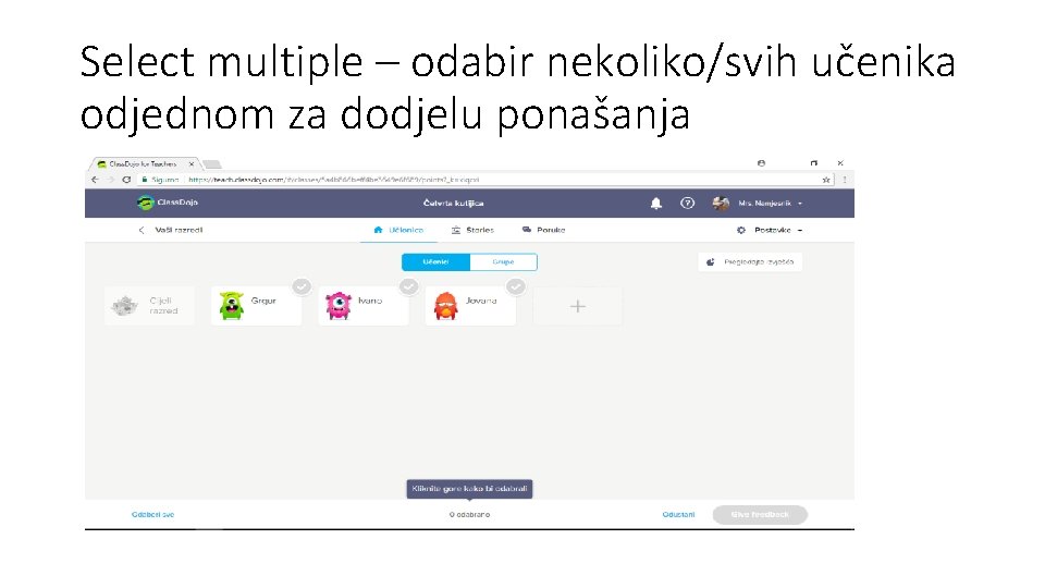 Select multiple – odabir nekoliko/svih učenika odjednom za dodjelu ponašanja 