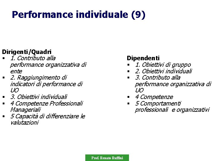 Performance individuale (9) Dirigenti/Quadri § 1. Contributo alla § § Dipendenti § 1. Obiettivi