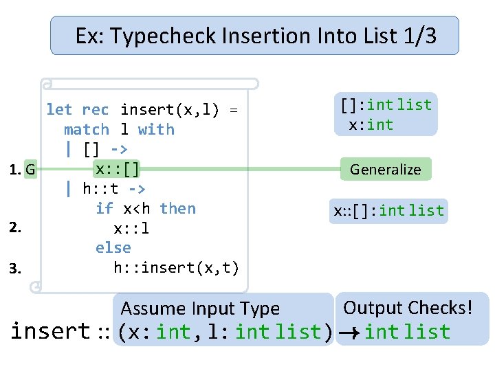Ex: Typecheck Insertion Into List 1/3 let rec insert(x, l) = match l with
