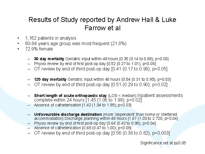 Results of Study reported by Andrew Hall & Luke Farrow et al • •