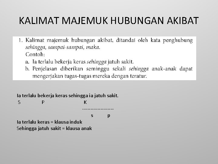 KALIMAT MAJEMUK HUBUNGAN AKIBAT Ia terlalu bekerja keras sehingga ia jatuh sakit. S P