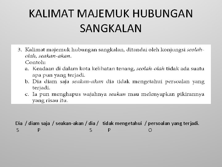 KALIMAT MAJEMUK HUBUNGAN SANGKALAN Dia / diam saja / seakan-akan / dia / tidak