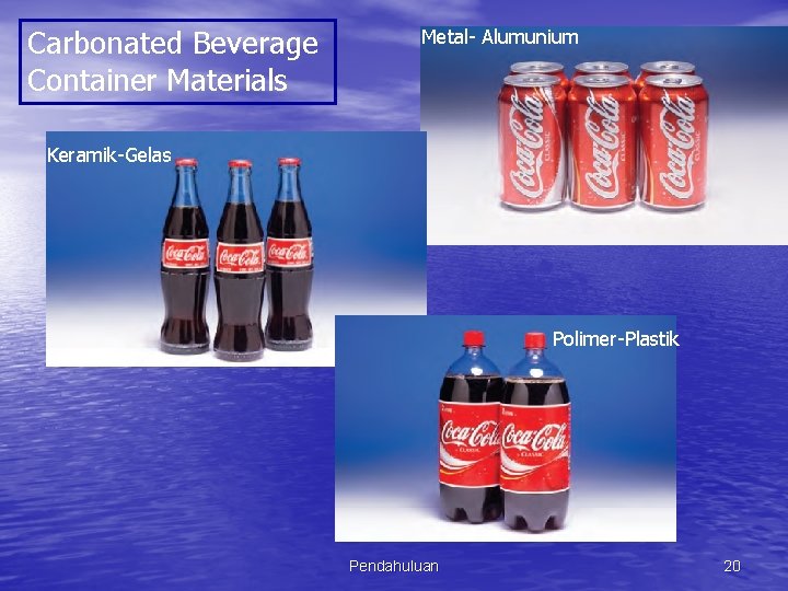 Carbonated Beverage Container Materials Metal- Alumunium Keramik-Gelas Polimer-Plastik Pendahuluan 20 